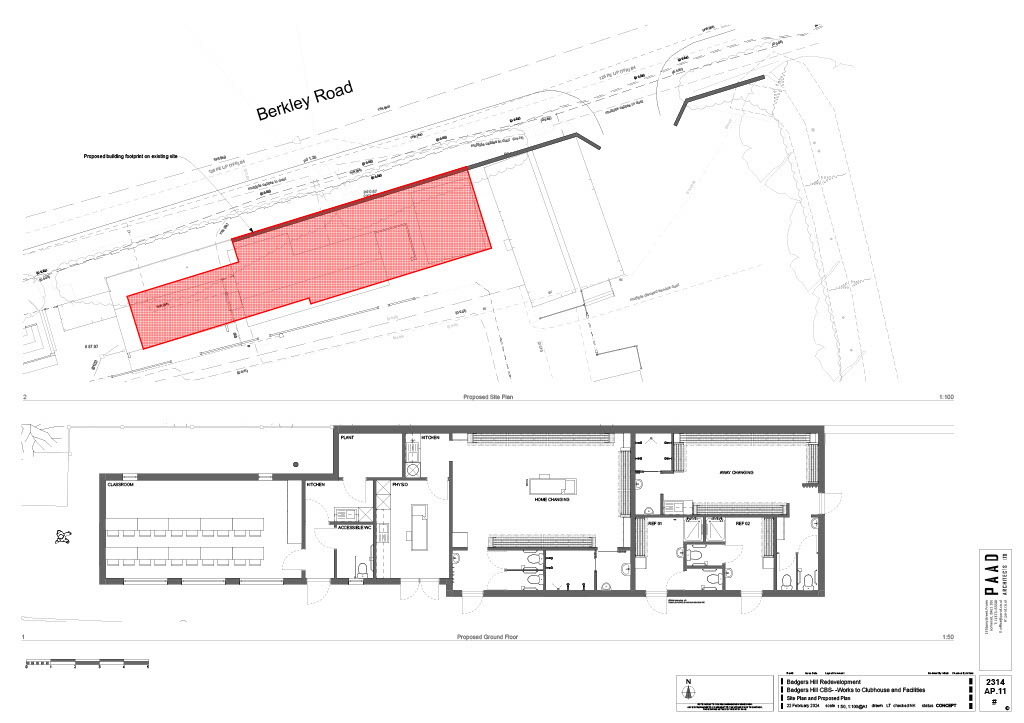 Floor plan for proposed new facilities at Frome Town Football Club showing classroom, physiotherapy room, kitchen areas, home and away changing rooms and shower and bathroom facilities including accessible WC. More detail can be found in the supporting document PDF below.