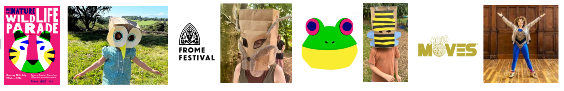 a collage of images of children with animal masks and bright graphic images of wild animals