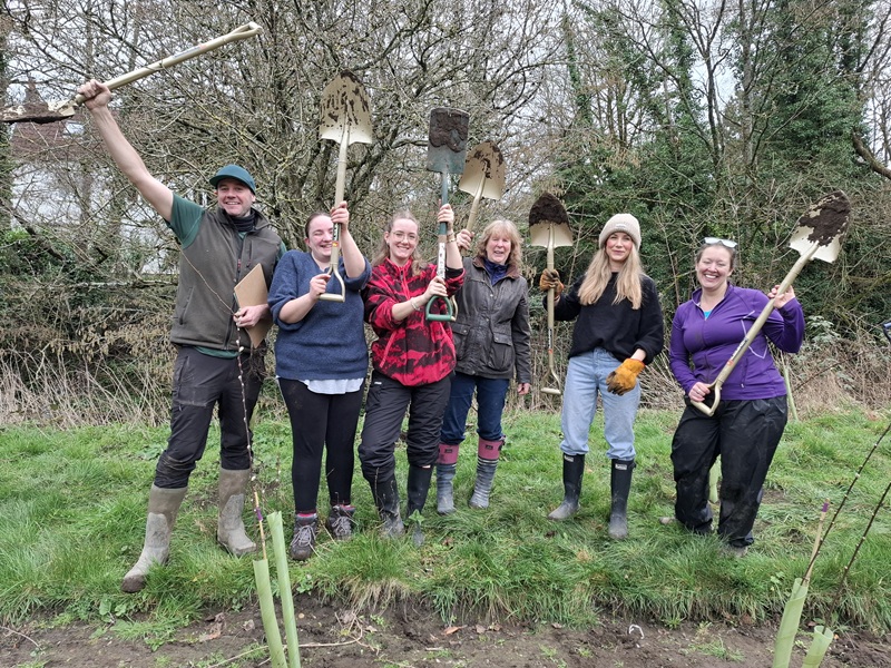 A group of rangers, council staff and volunteers hold golden spades in the air in celebration, surrounded by saplings at a community woodland.