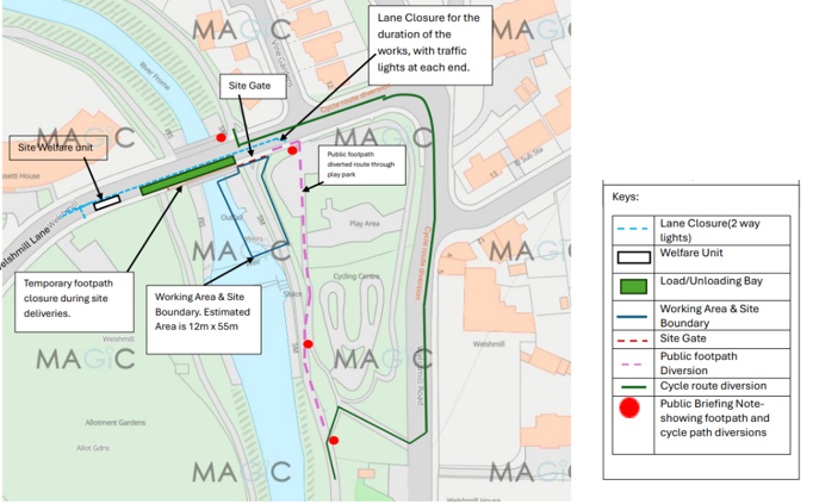 A map of the diverson to the cycle path and the roadworls to be installed at Welshmill.